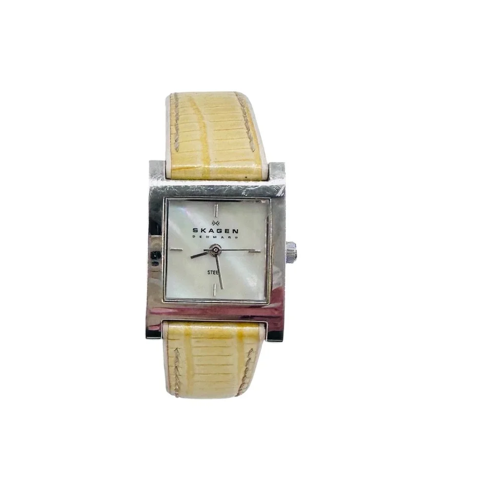 Skagen Denmark Tank Watch Womens Silver Mother of Pearl Yellow Croc Leather